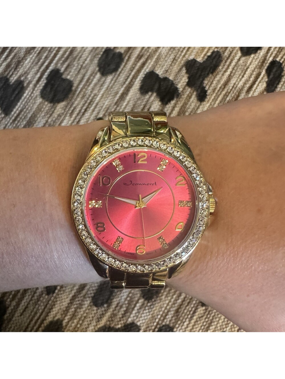 Jeanneret Analog Wristwatch Gold Metal Bracelet Pink Dial Diamond Accent